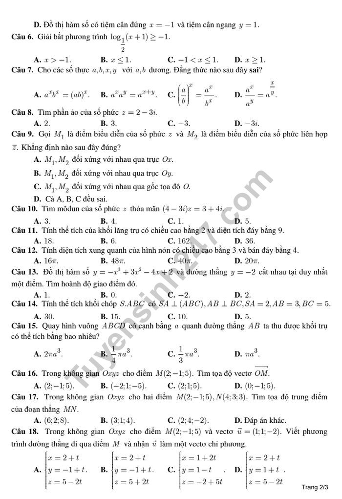 De kiem tra hoc ki 2 mon Toan lop 12 - THPT Yen Phong 2 nam 2019