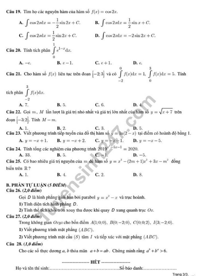 De kiem tra hoc ki 2 mon Toan lop 12 - THPT Yen Phong 2 nam 2019