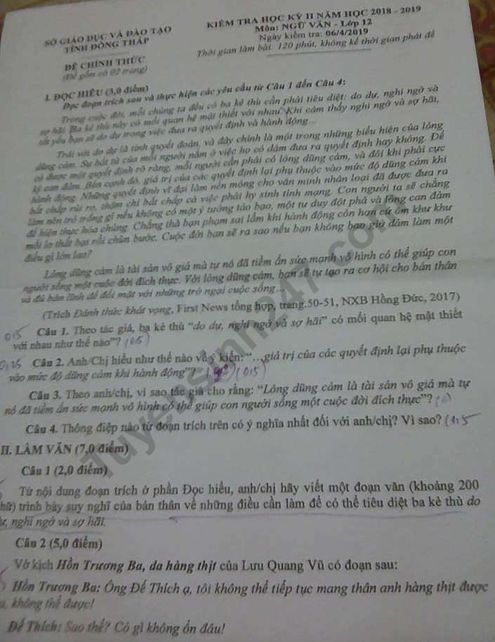 De thi ki 2 lop 12 nam 2019 mon Van - So GD Dong Thap