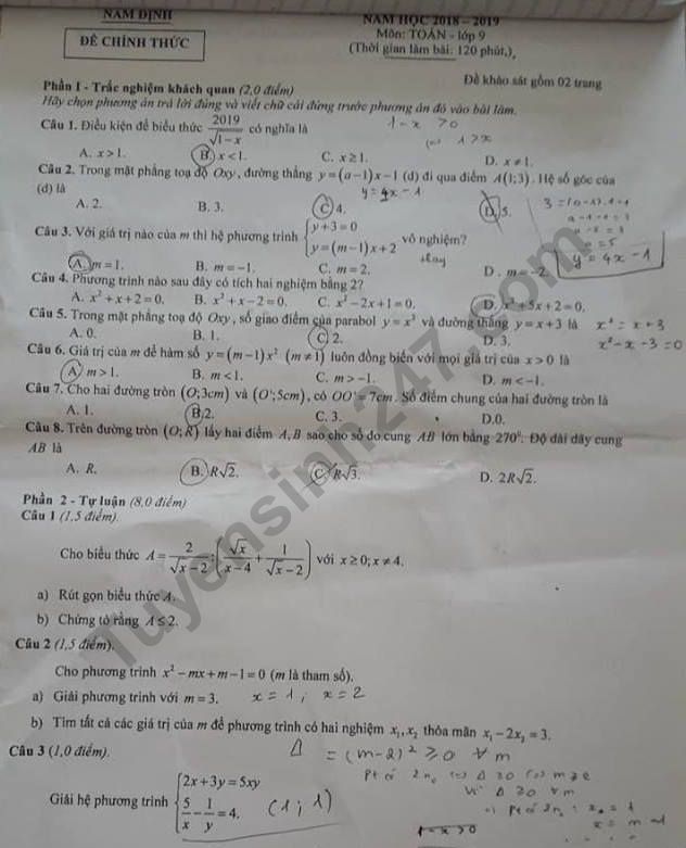 Dap an de thi ki 2 lop 9 mon Toan 2019 - Nam Dinh
