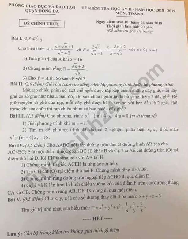 Dap an de thi ki 2 lop 9 mon Toan nam 2019 - Quan Dong Da