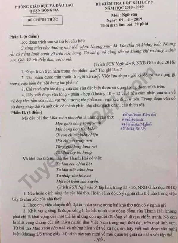 De thi ki 2 lop 9 mon Van - Quan Dong Da 2019