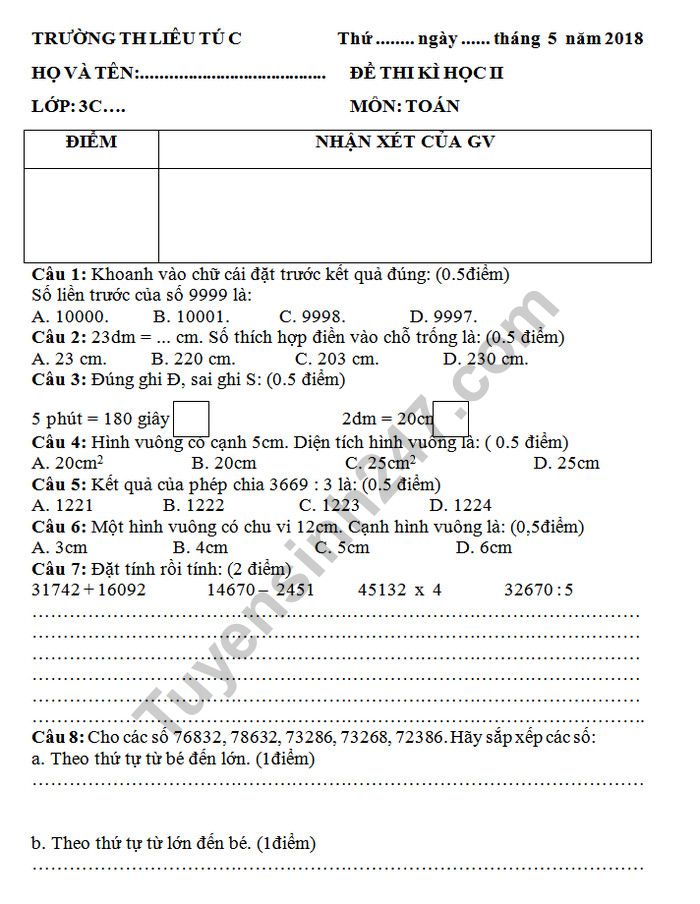 De thi hoc ki 2 mon Toan lop 5 nam 2018 - TH Lieu Tuc