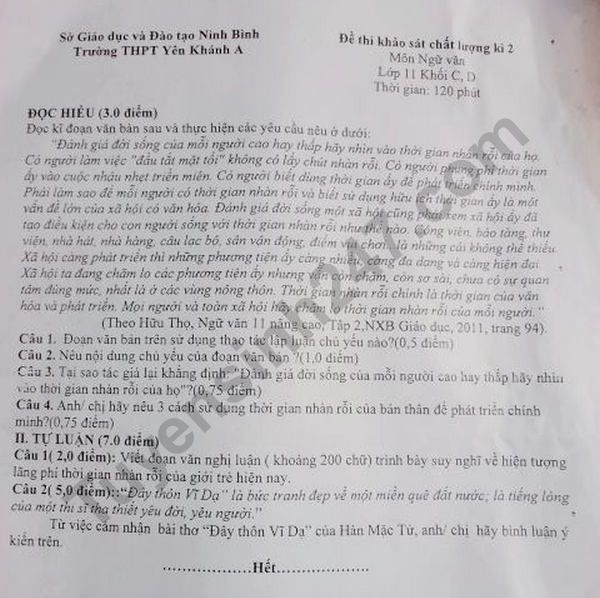 De thi ki 2 lop 11 mon Van 2019 - THPT Yen Khanh A
