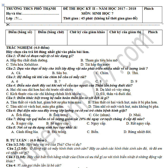 De thi hoc ki 2 mon Sinh lop 7 - THCS Pho Thanh 2018