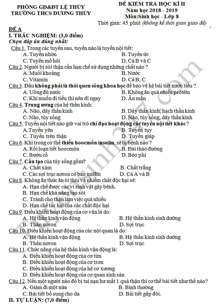 De thi hoc ki 2 mon Sinh lop 8 nam 2019 - THCS Duong Thuy