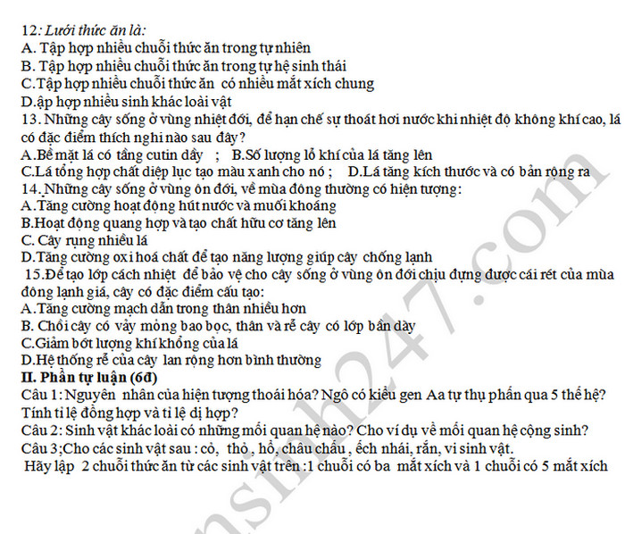 De thi hoc ki 2 mon Sinh lop 9 - THCS Van Thien