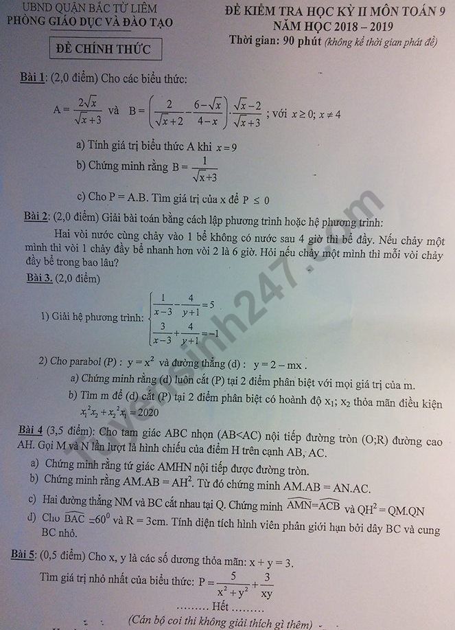 De thi ki 2 lop 9 mon Toan - Quan Bac Tu Liem 2019
