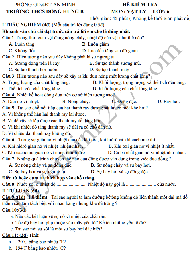 De thi ki 2 lop 6 mon Ly 2019 - THCS Dong Hung B