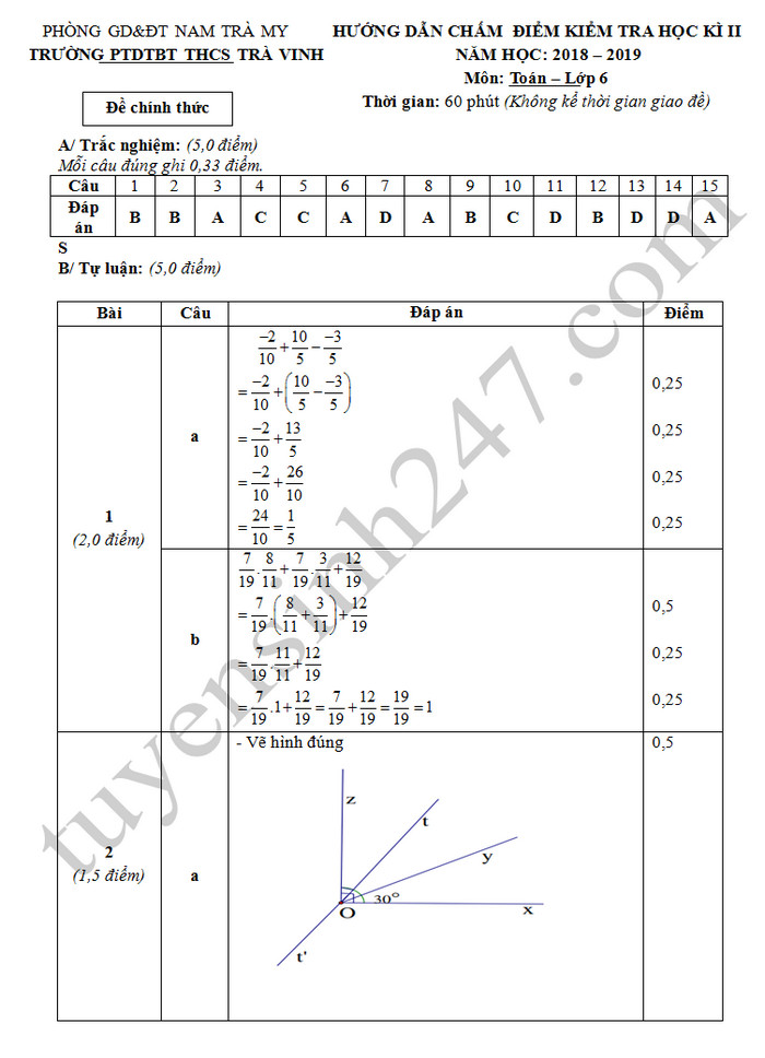 De thi hoc ki 2 mon Toan lop 6 - THCS Tra Vinh 2019