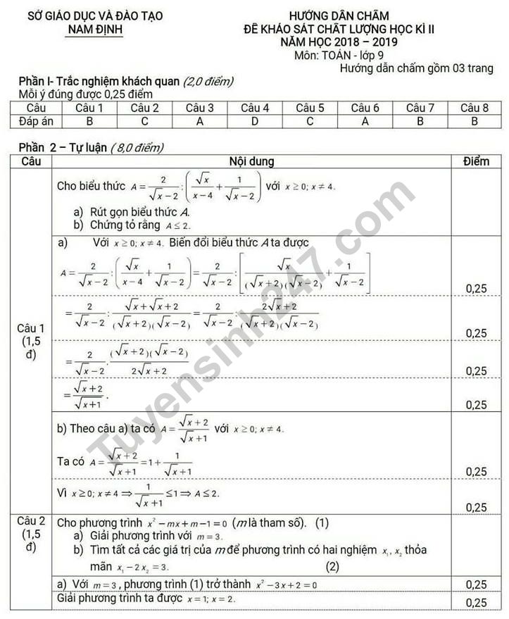 Dap an de thi ki 2 lop 9 mon Toan 2019 - Nam Dinh