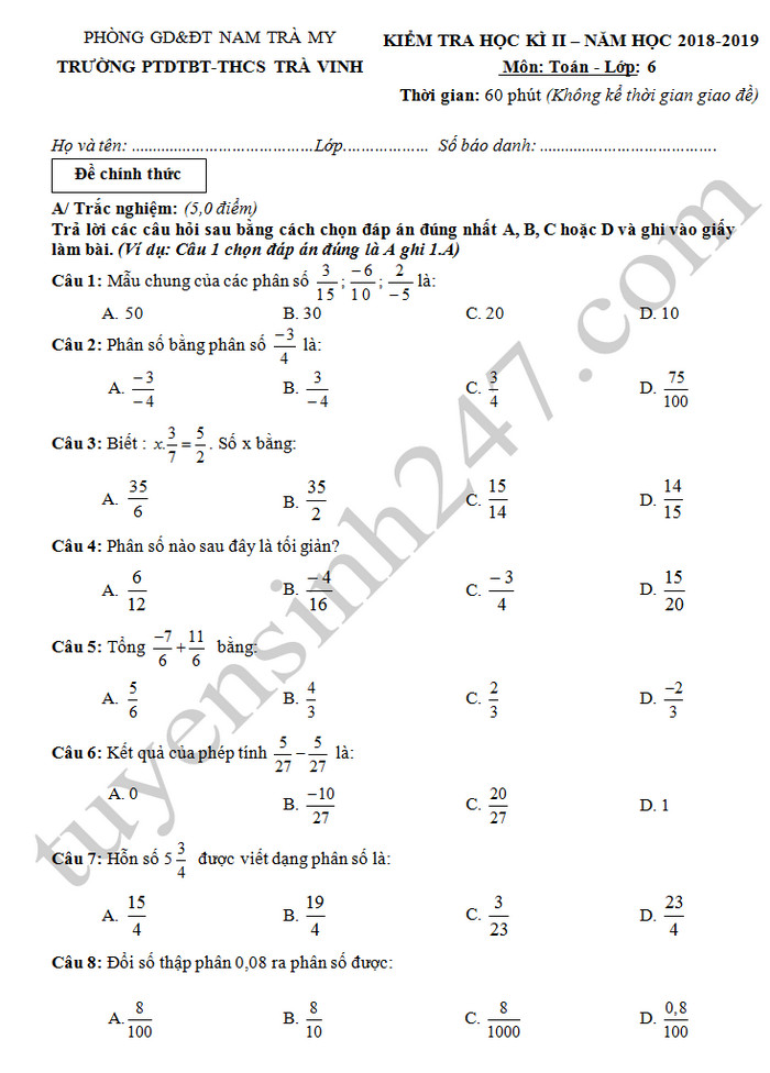 De thi hoc ki 2 mon Toan lop 6 - THCS Tra Vinh 2019