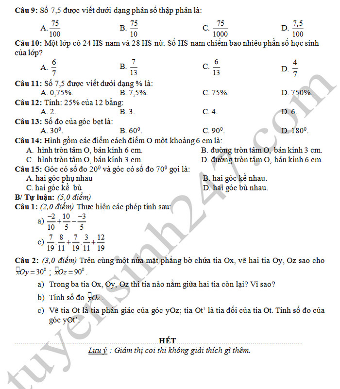 De thi hoc ki 2 mon Toan lop 6 - THCS Tra Vinh 2019