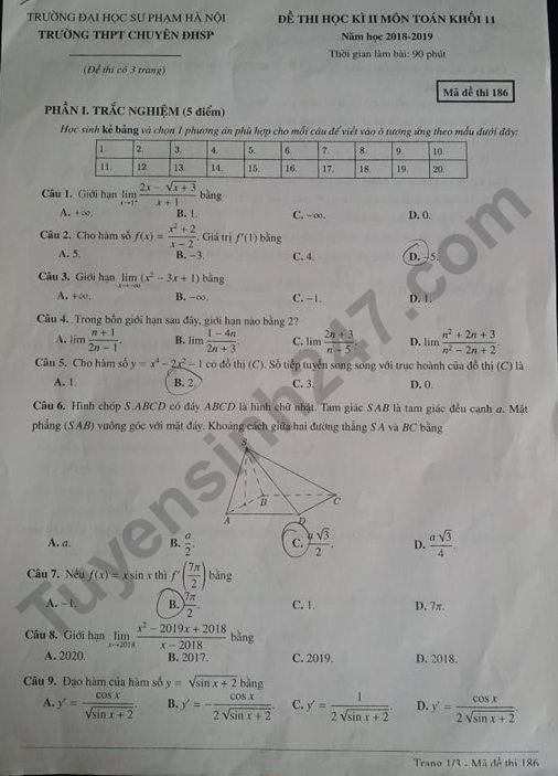 De thi ki 2 lop 11 mon Toan 2019 - Chuyen Su pham Ha Noi