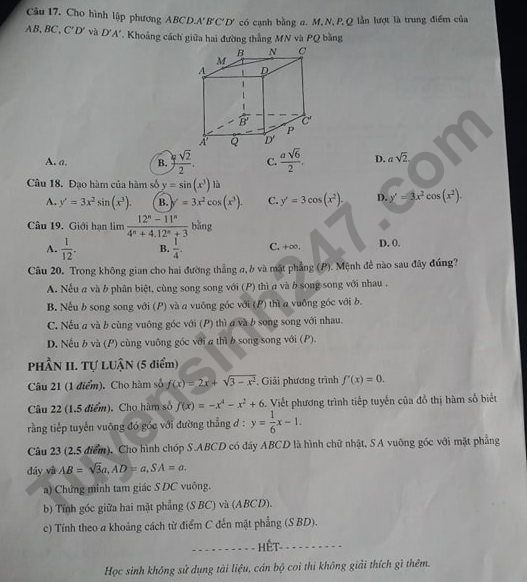 De thi ki 2 lop 11 mon Toan 2019 - Chuyen Su pham Ha Noi