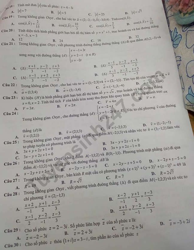 De thi hoc ki 2 lop 12 mon Toan Quan Tay Ho 2019