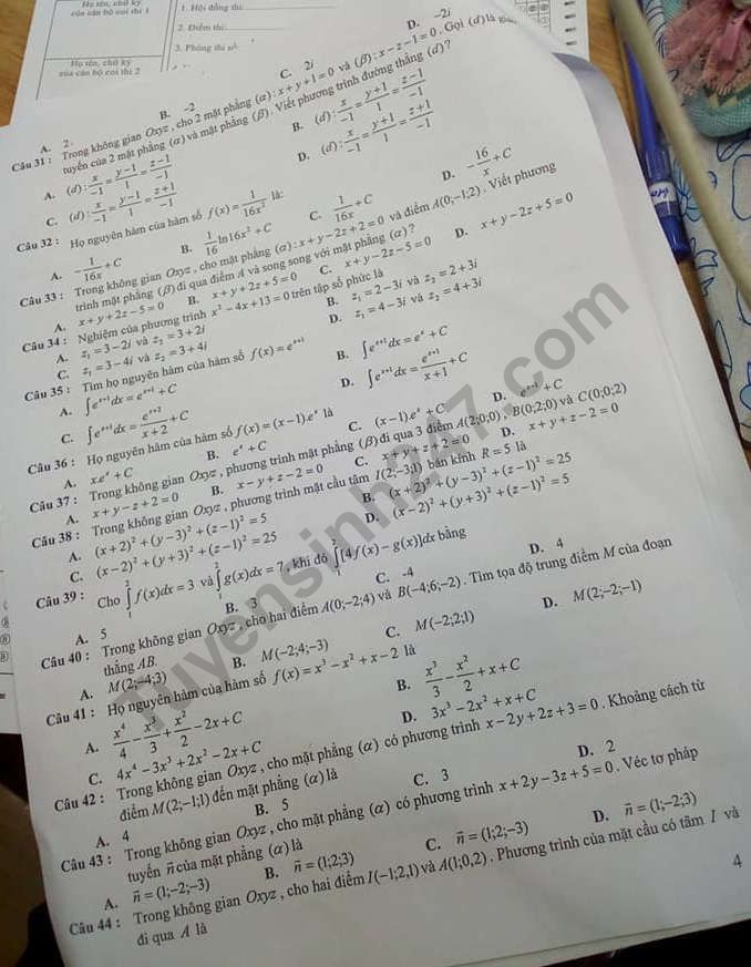 De thi hoc ki 2 lop 12 mon Toan Quan Tay Ho 2019