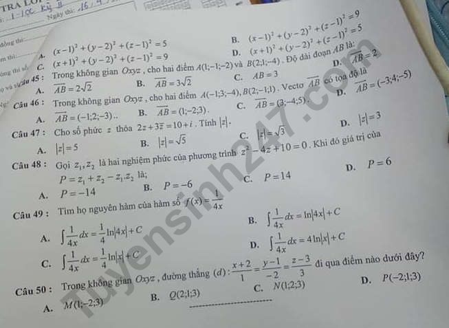 De thi hoc ki 2 lop 12 mon Toan Quan Tay Ho 2019