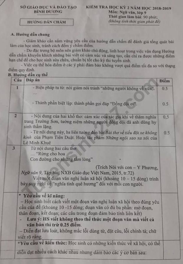 Dap an de thi ki 2 lop 9 mon Van 2019 - So GD Binh Duong