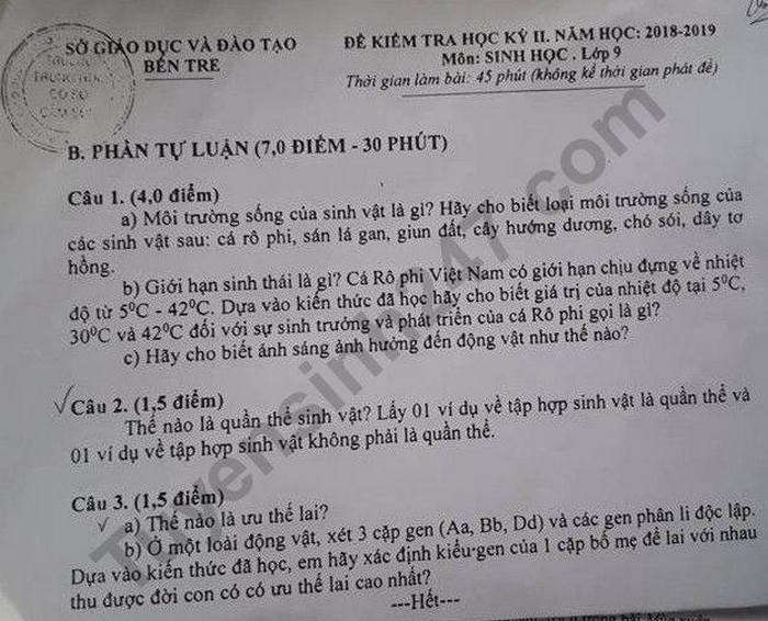 Dap an de thi hoc ki 2 mon Sinh lop 9 - So GD Ben Tre 2019