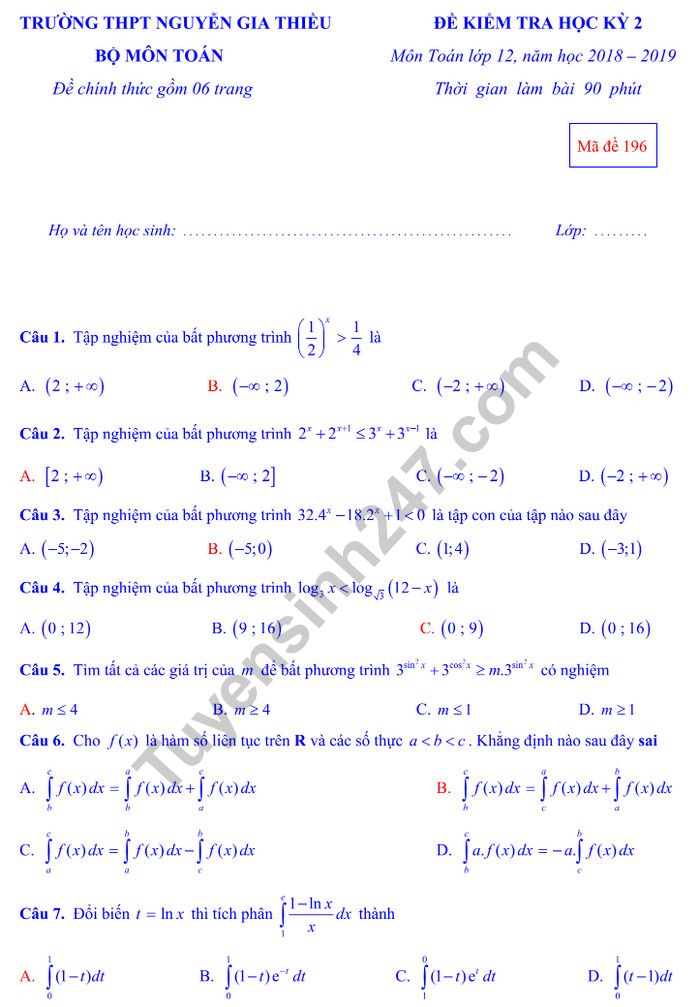 De thi hoc ki 2 mon Toan lop 12 - THPT Nguyen Gia Thieu 2019