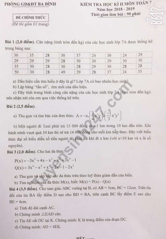 De thi hoc ki 2 mon Toan lop 7 - Quan Ba Dinh 2019