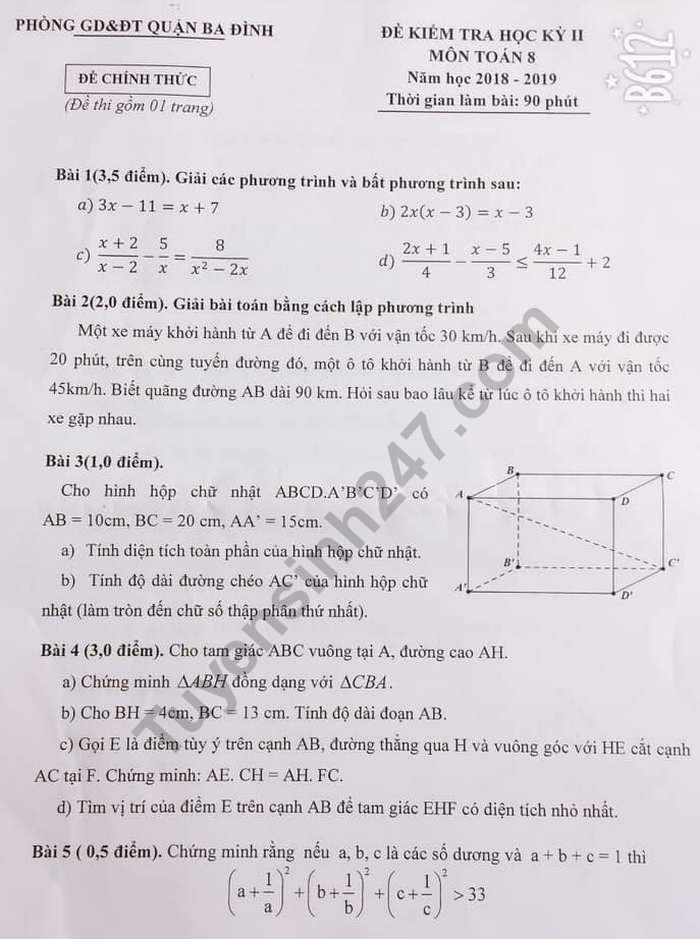 De thi hoc ki 2 lop 8 mon Toan - Quan Ba Dinh 2019