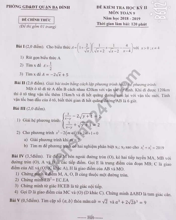 De thi hoc ki 2 mon Toan lop 9 - Quan Ba Dinh 2019