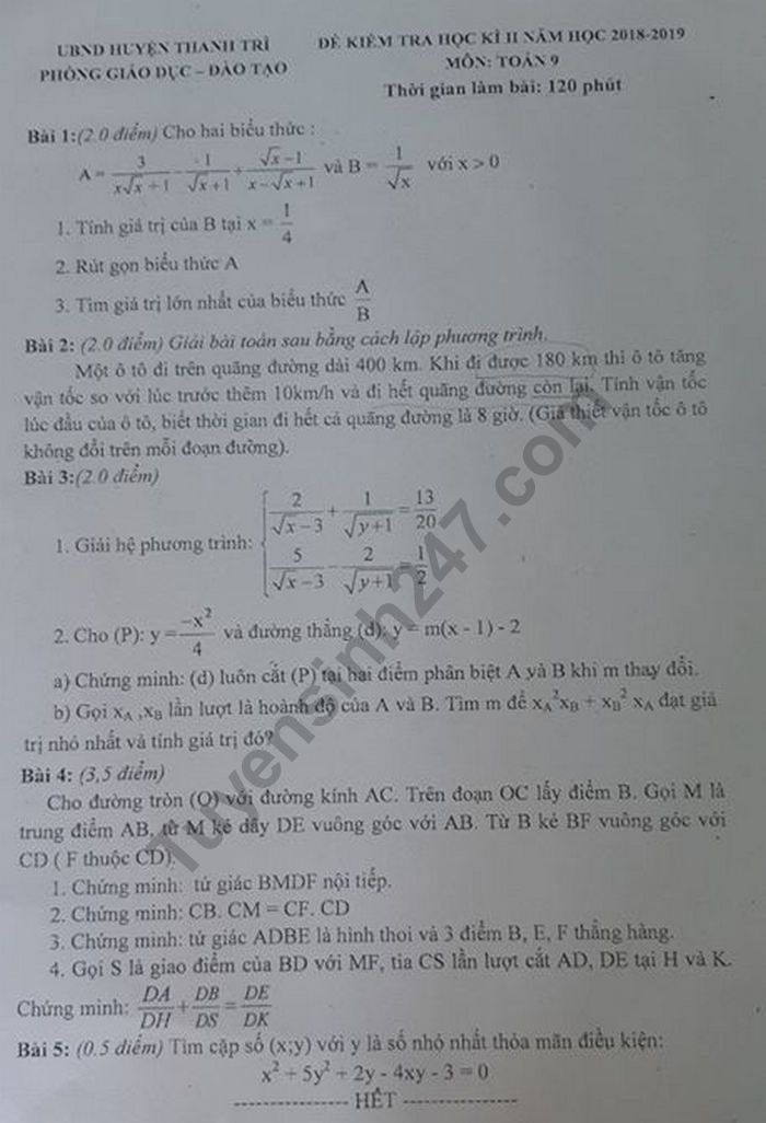 De thi hoc ki 2 mon Toan lop 9 - Huyen Thanh Tri 2019