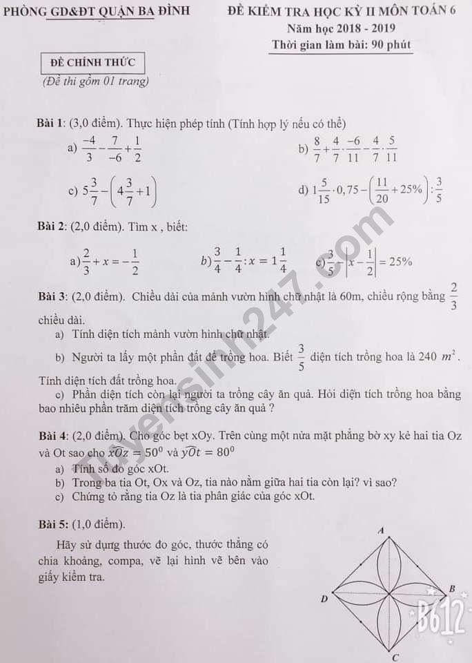 De thi ki 2 lop 6 mon Toan 2019 - Quan Ba Dinh