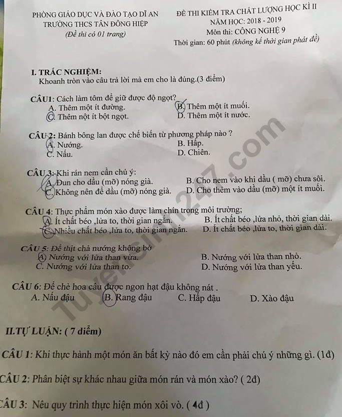De kiem tra ki 2 lop 9 mon Cong nghe 2019 - Di An