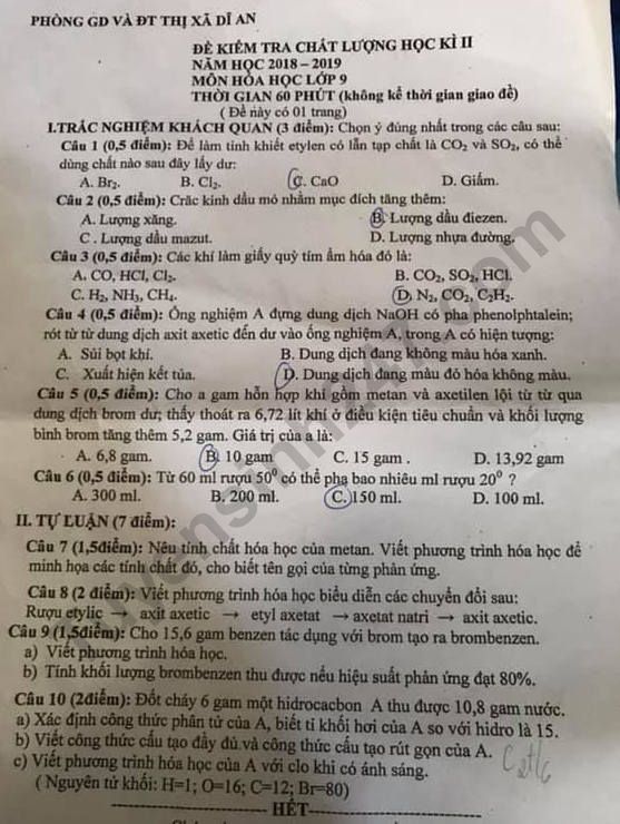 De thi ki 2 lop 9 mon Hoa 2019 - Di An