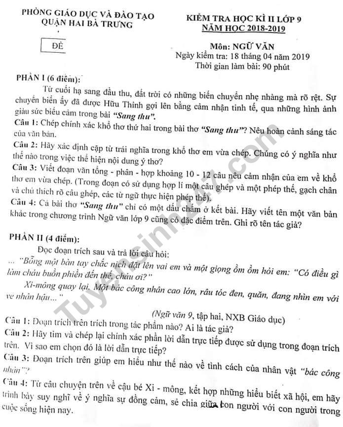 De thi ki 2 lop 9 mon Van Quan Hai Ba Trung 2019