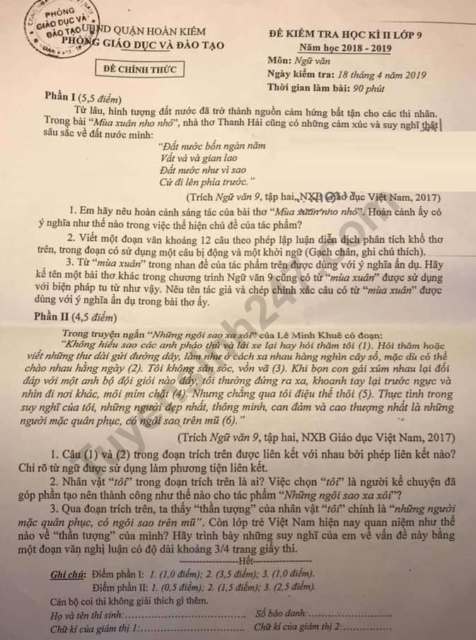 De thi ki 2 mon Van lop 9 nam 2019 - Quan Hoan Kiem