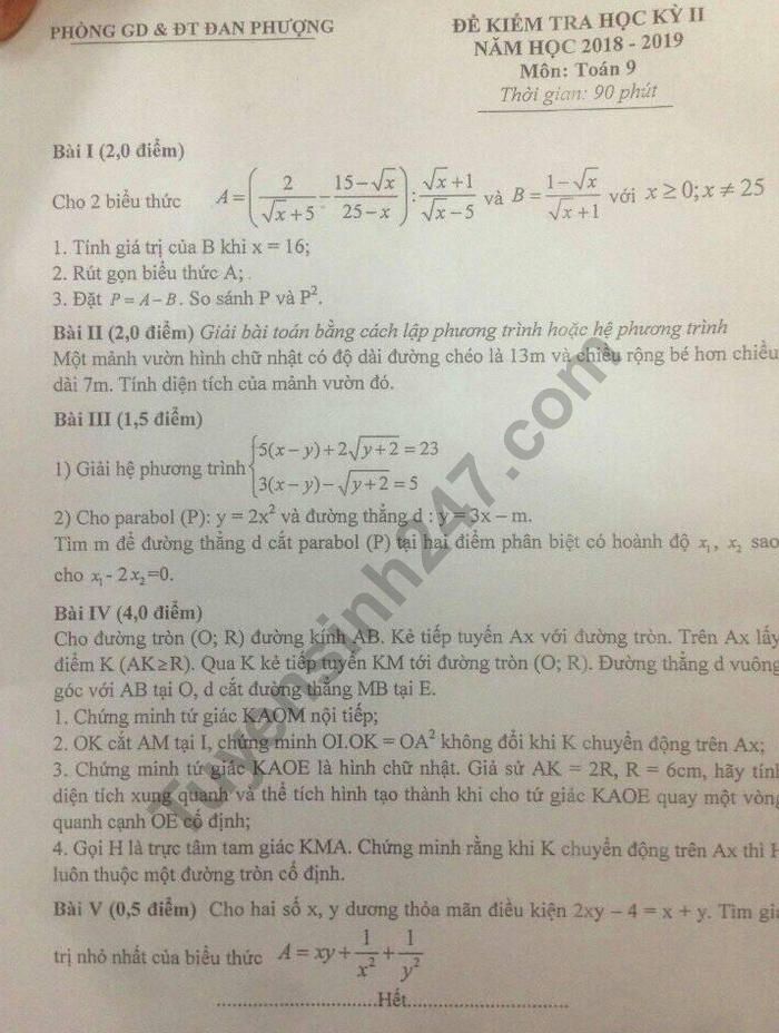 De thi hoc ki 2 mon Toan lop 9 - So GD Dan Phuong 2019