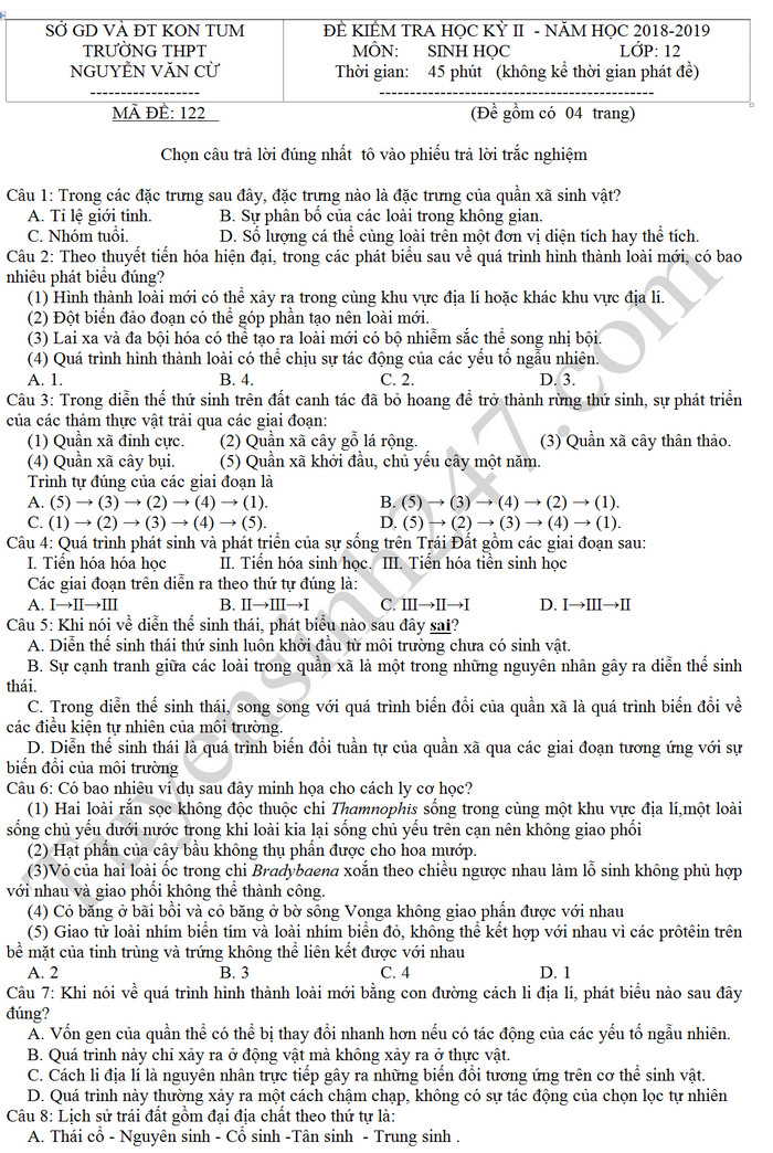 De thi hoc ki 2 mon Sinh lop 12 - THPT Nguyen Van Cu 2019