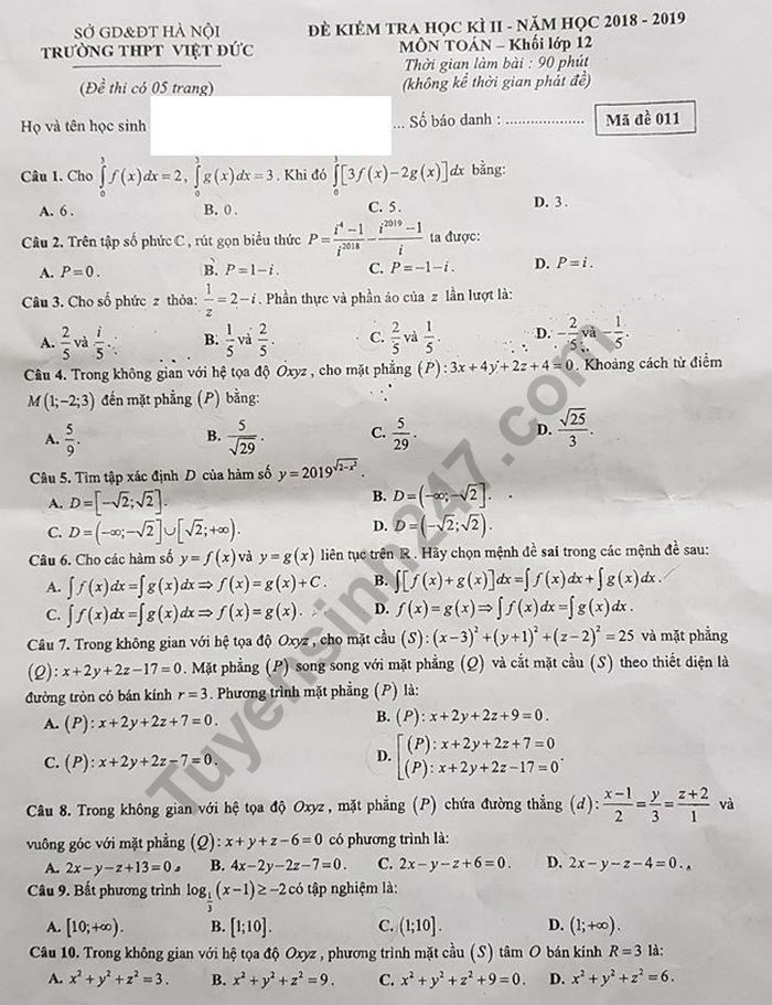 De thi hoc ki 2 mon Toan lop 12 - THPT Viet Duc 2019