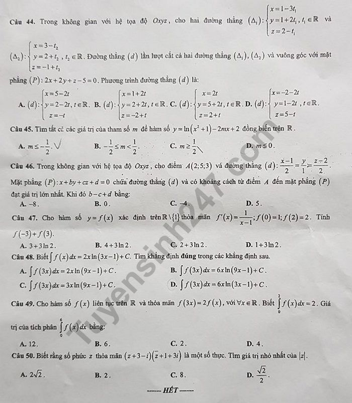 De thi hoc ki 2 mon Toan lop 12 - THPT Viet Duc 2019
