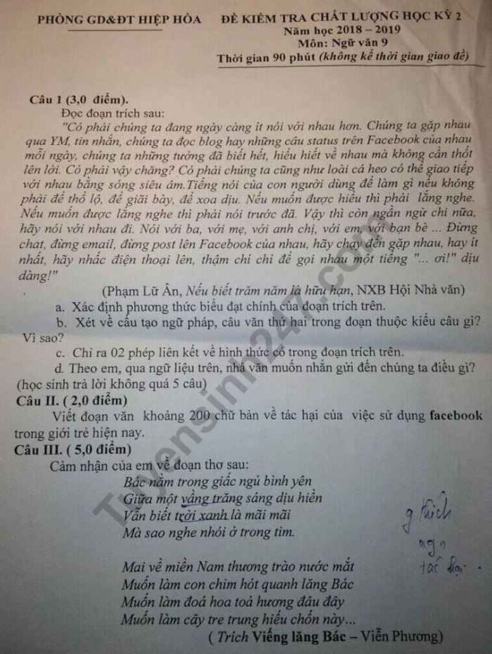 De thi hoc ki 2 mon Van lop 9 -  Phong GD Hiep Hoa 2019