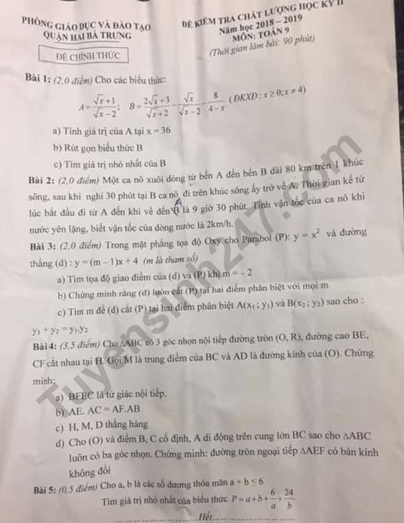 De thi ki 2 lop 9 mon Toan Quan Hai Ba Trung 2019