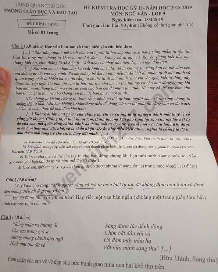 De thi ki 2 lop 9 mon Van Quan Thu Duc nam 2019