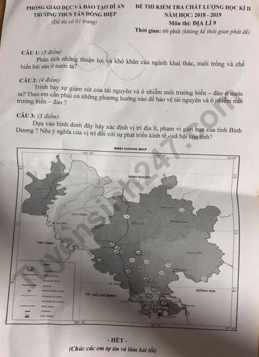 De thi ki 2 lop 9 mon Dia THCS Tan Dong Hiep 2019