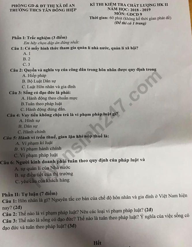 De thi ki 2 lop 9 mon GDCD 2019 - THCS Tan Dong Hiep