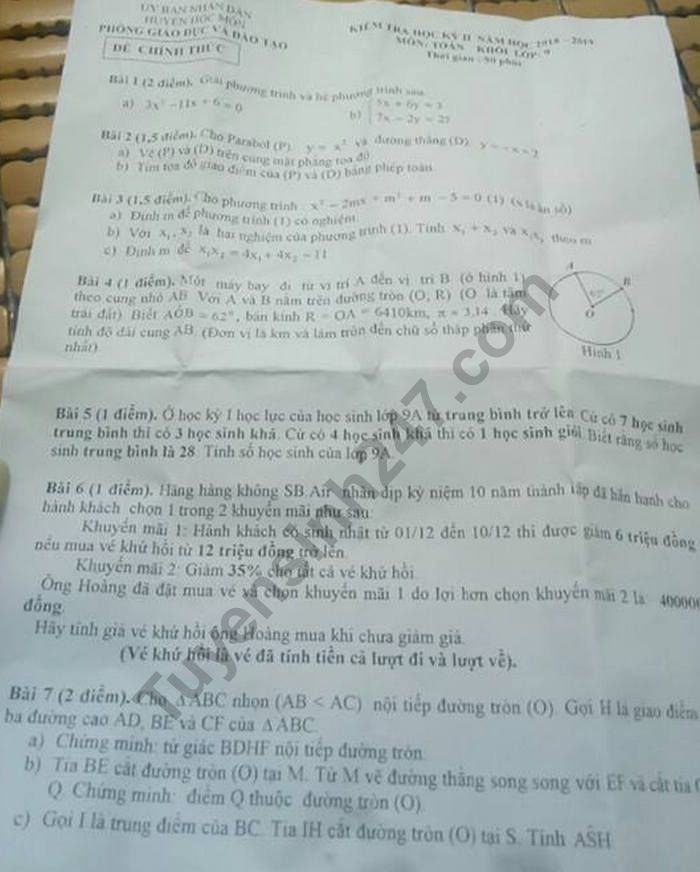 De thi hoc ki 2 mon Toan lop 9 - Huyen Hoc Mon 2019