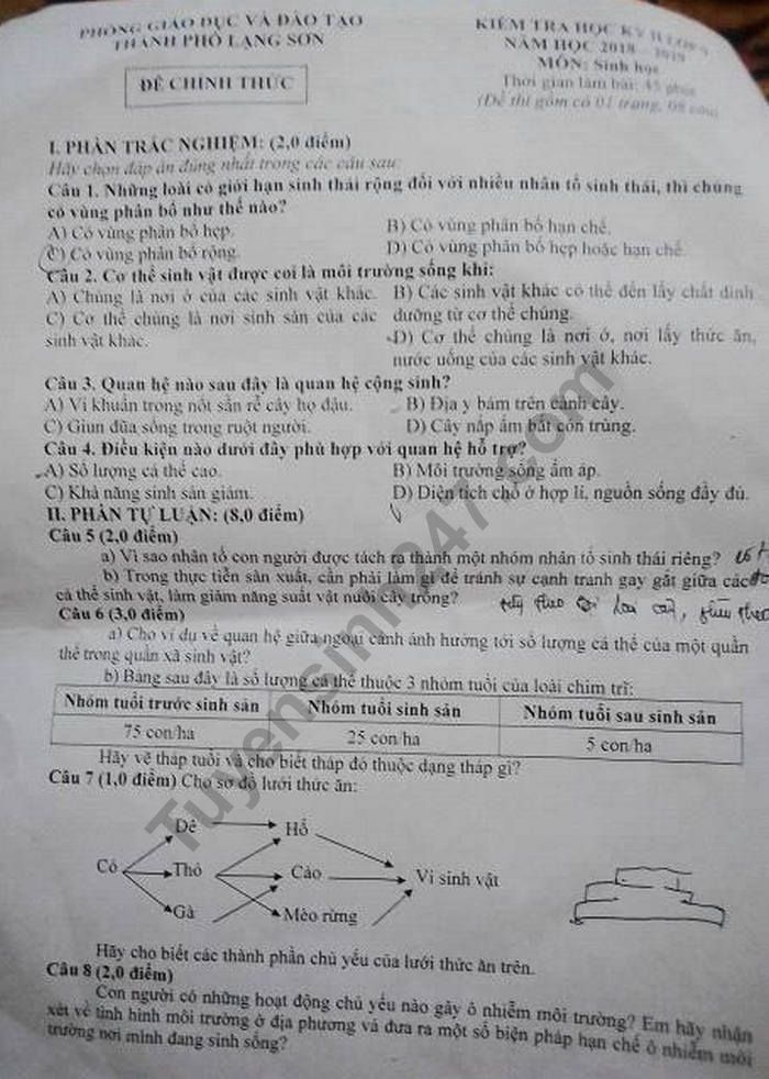 De thi hoc ki 2 mon Sinh lop 9 - Thanh pho Lang Son 2019