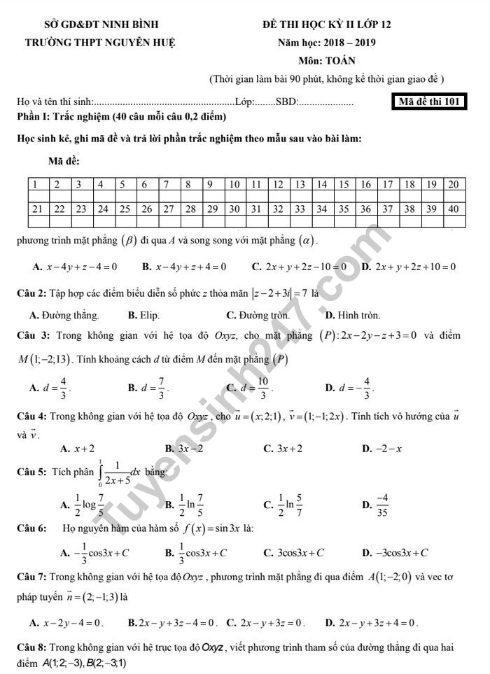 De thi hoc ki 2 mon Toan lop 12 - THPT Nguyen Hue 2019