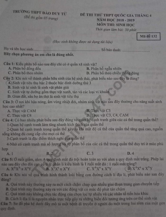 De thi thu THPTQG 2019 mon Sinh - THPT Dao Duy Tu lan 4