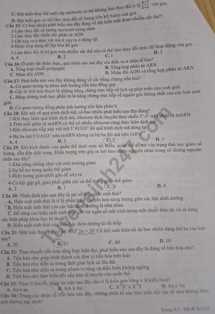 De thi thu THPTQG 2019 mon Sinh - THPT Dao Duy Tu lan 4