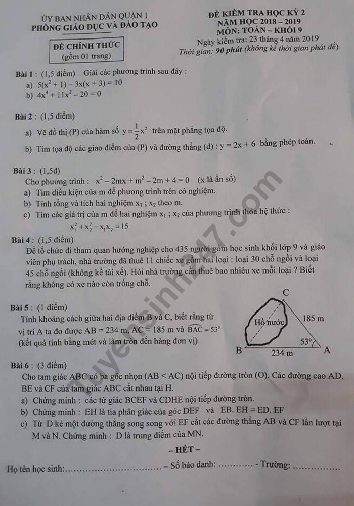De thi hoc ki 2 mon Toan lop 9 - Quan 1 nam 2019