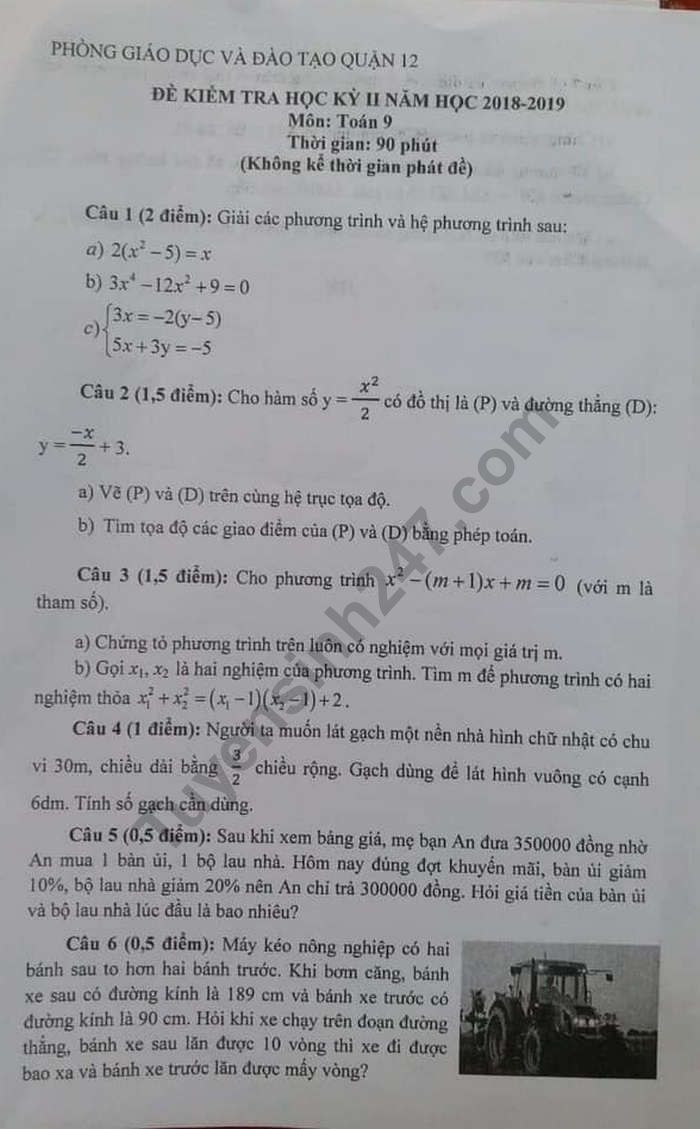 De thi hoc ki 2 mon Toan lop 9 - Quan 12 nam 2019